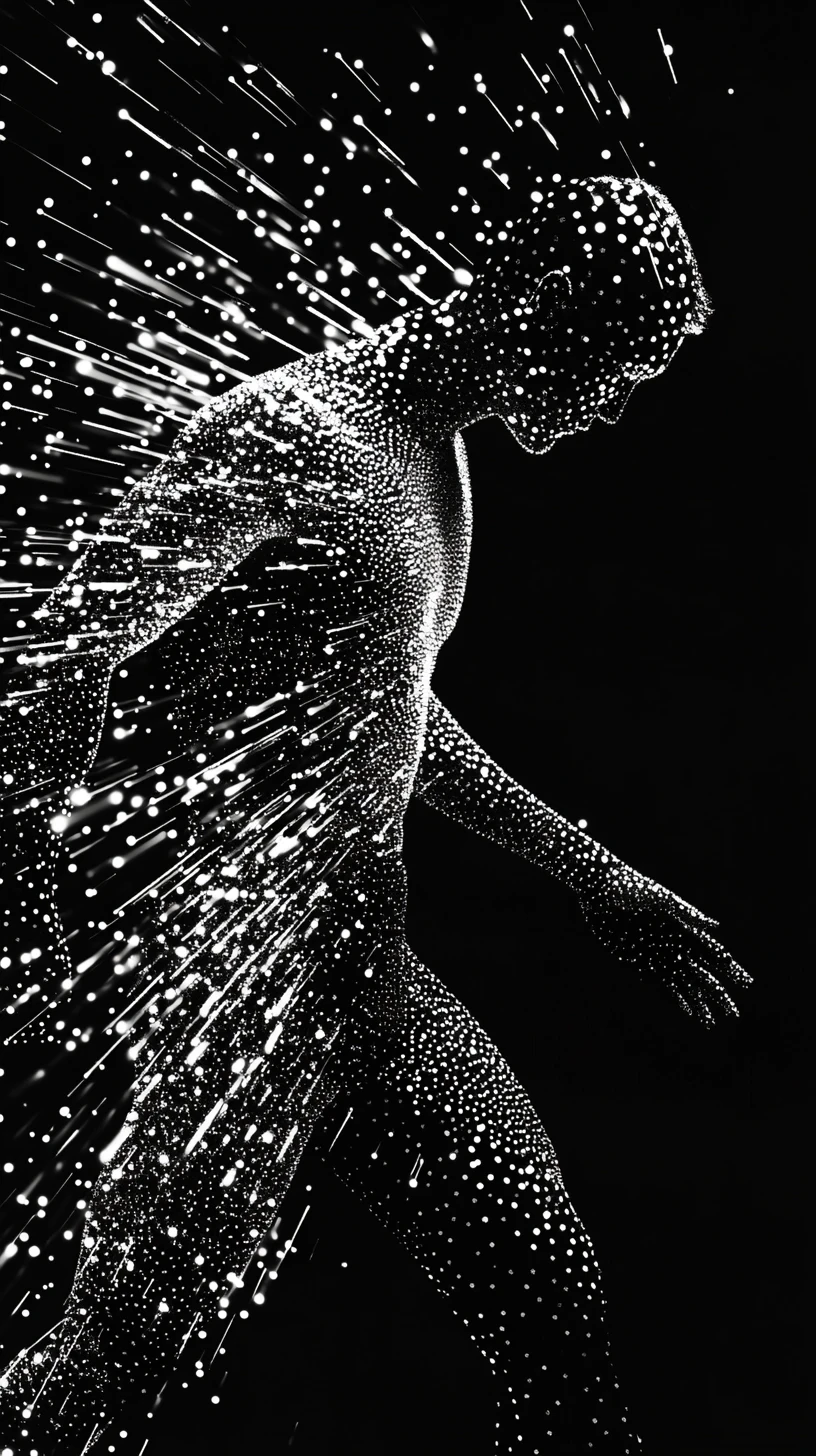 Human figure dissolving into expanding geometric dot pattern