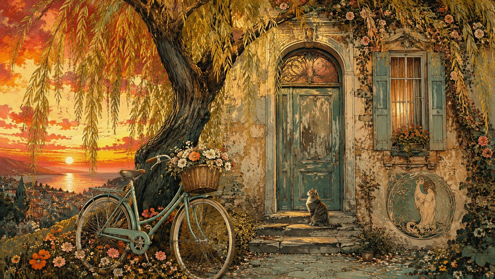 Surreal street facade with willow tree and curious cat