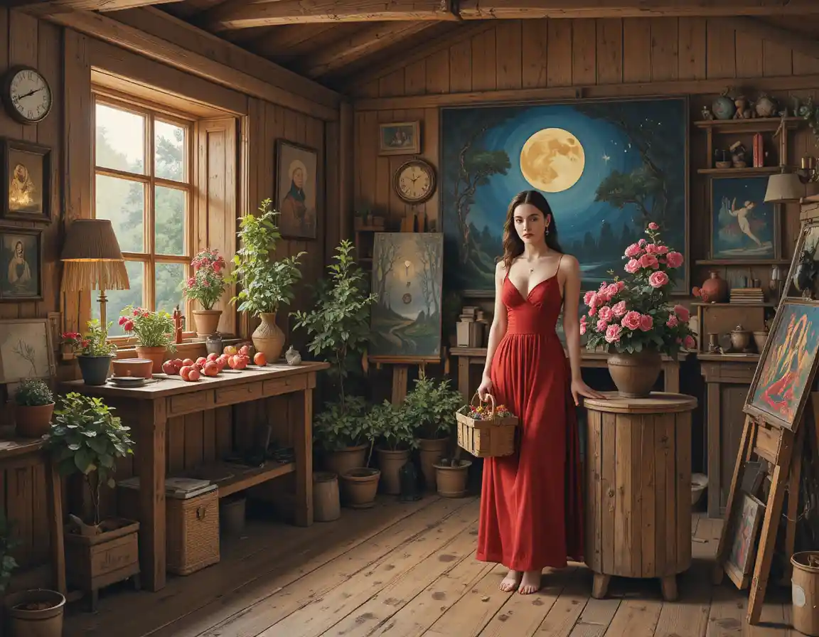 Woman in red dress painting in rustic art studio