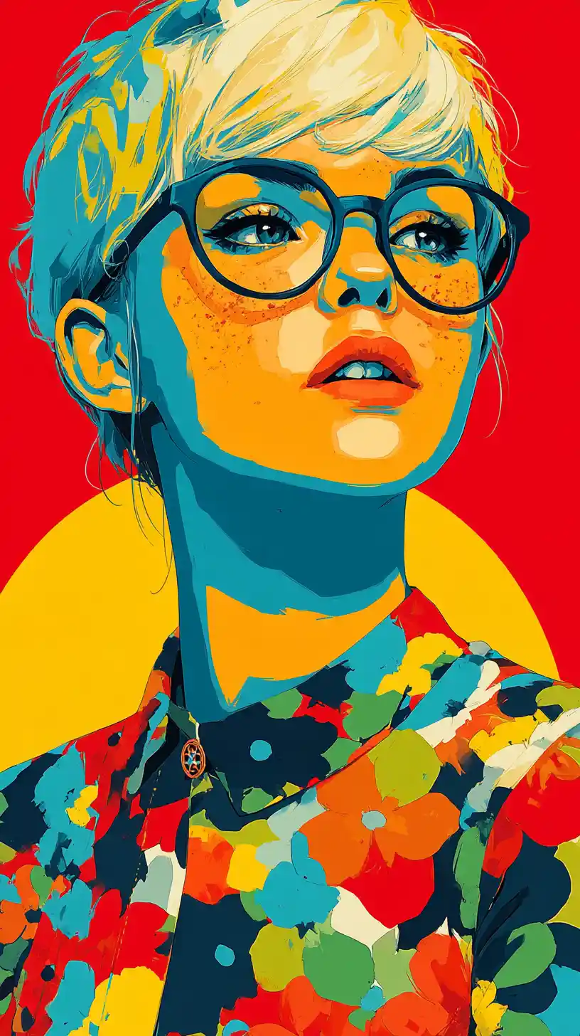 Colorful portrait of a blonde woman with glasses and flowers