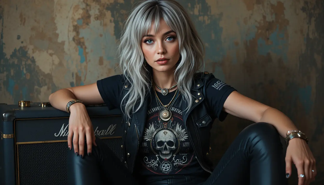 Rock style blonde woman posing with amplifier and leather outfit