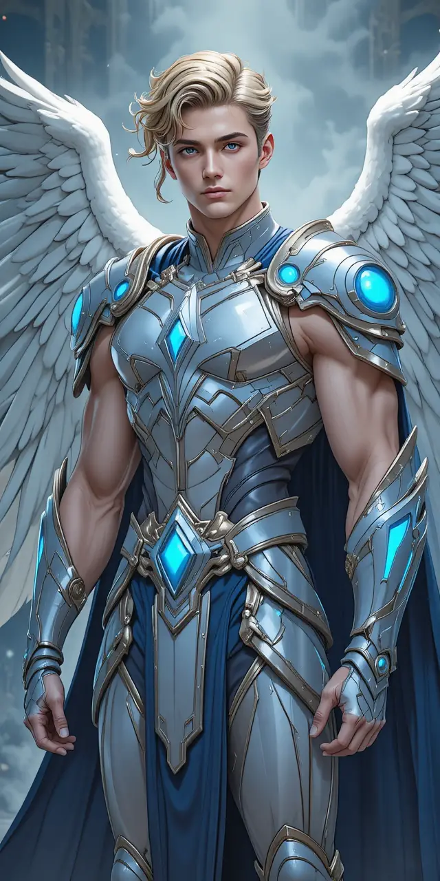 Winged anime warrior in silver and white divine armor