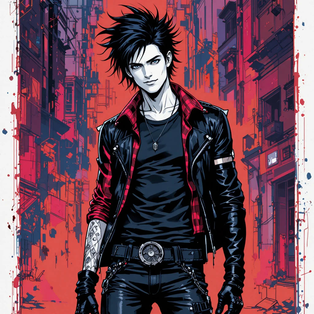 Slim punk man with messy black hair and dark makeup