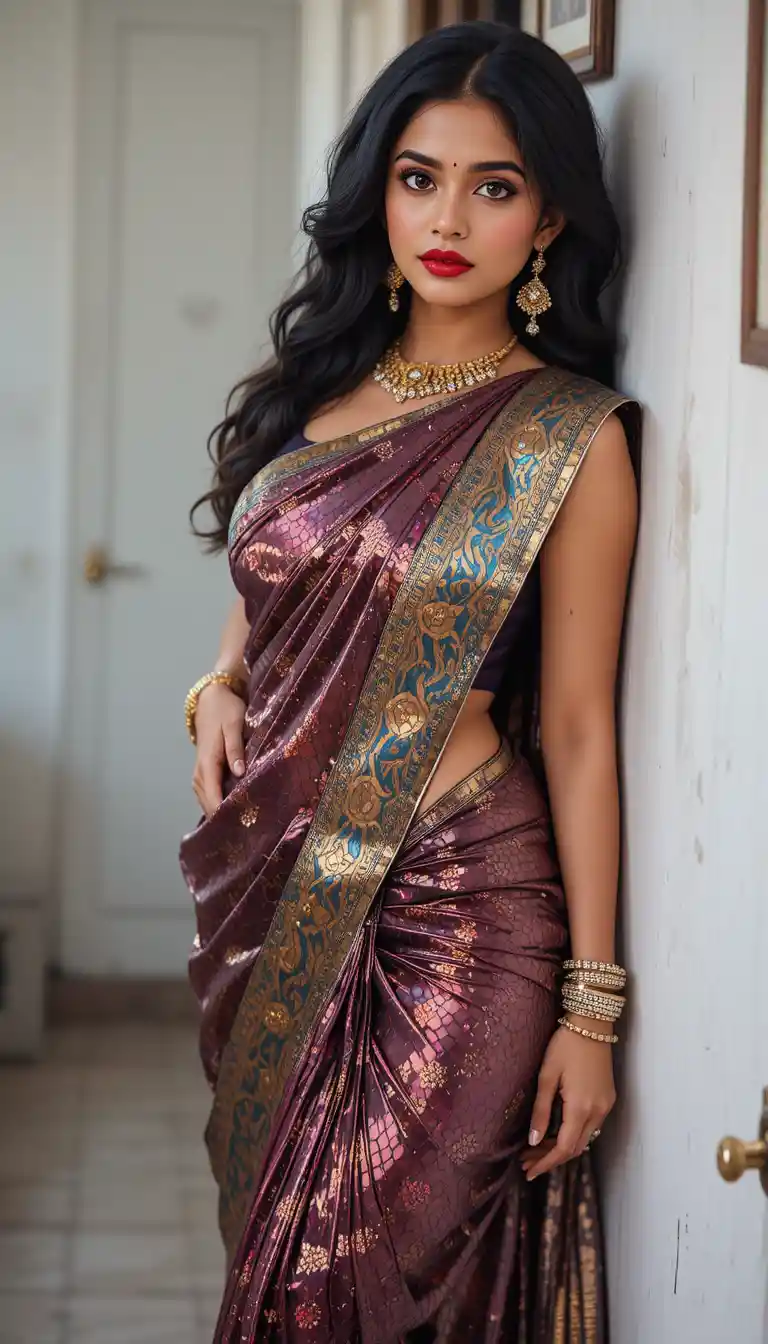 Tamil woman in glossy saree posing in traditional interior