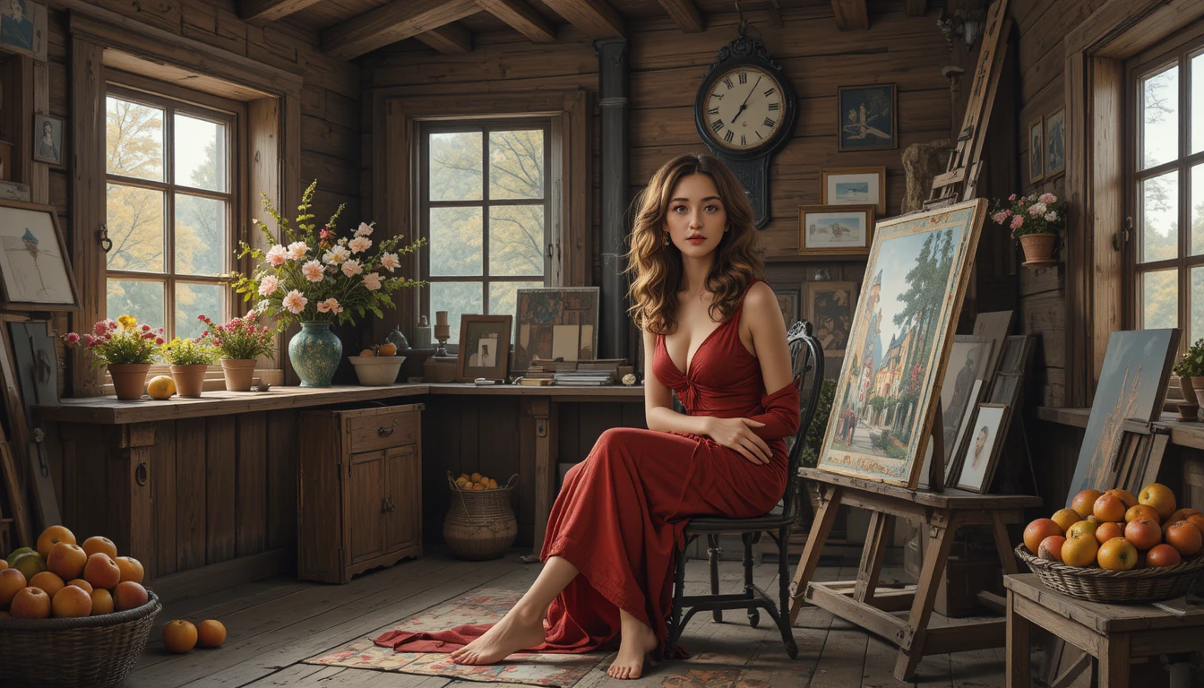 Young woman painting in a moonlit rustic studio