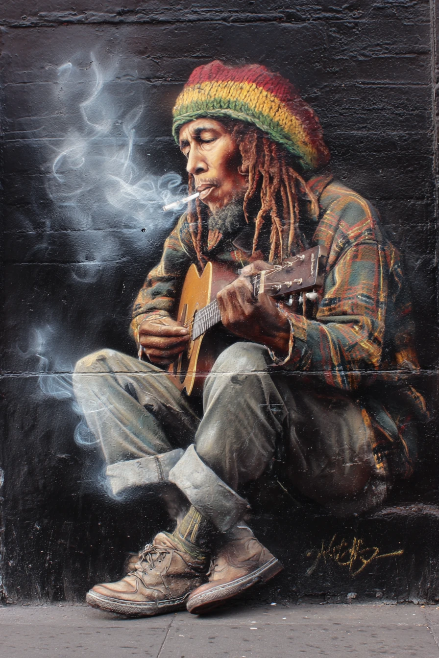 Rat musician in a foggy graffiti london alley at night