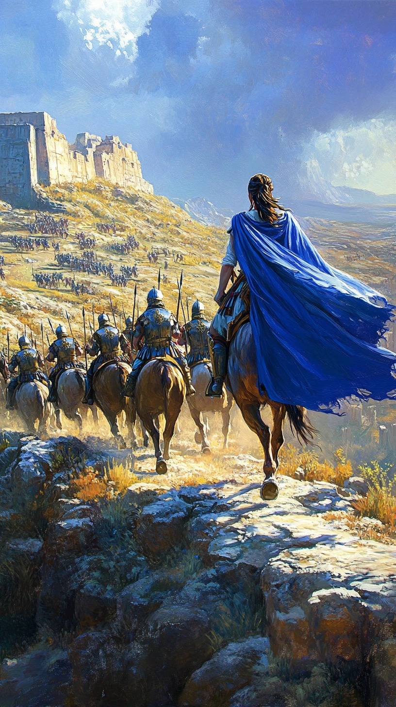Cynane Leading Macedonian Riders Above A Vast Battlefield