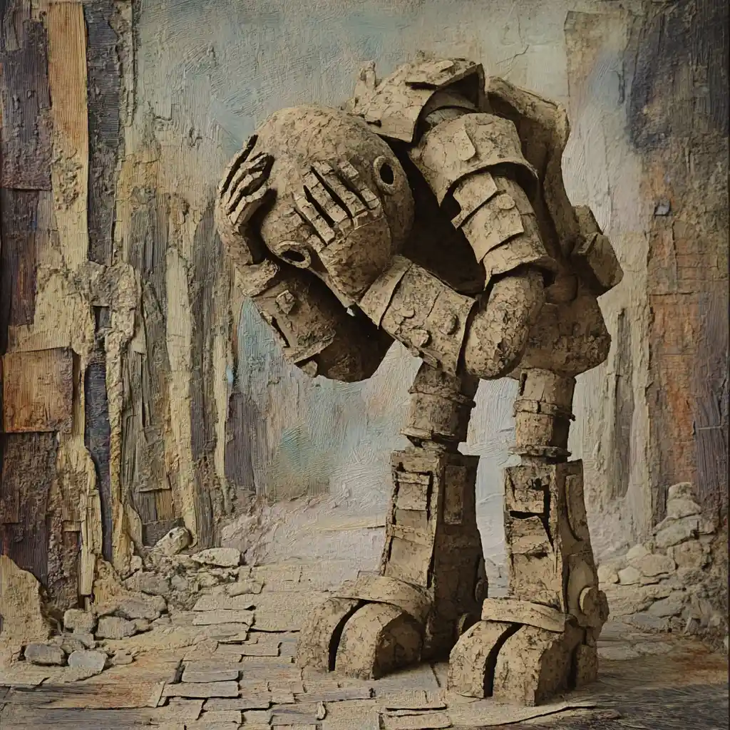 Lonely clay golem in a futuristic ruined city street