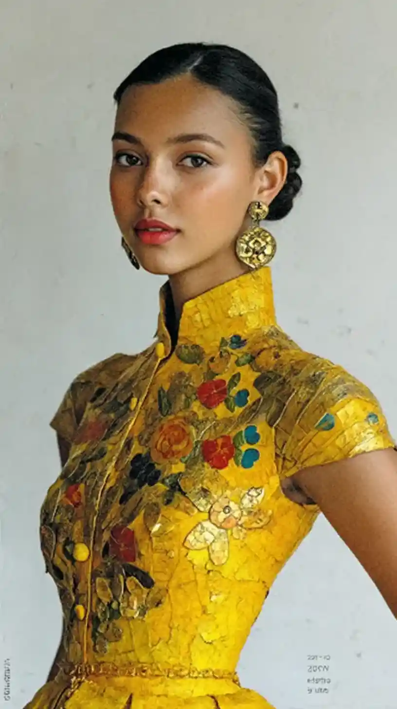 Elegant woman in gold couture dress fashion portrait