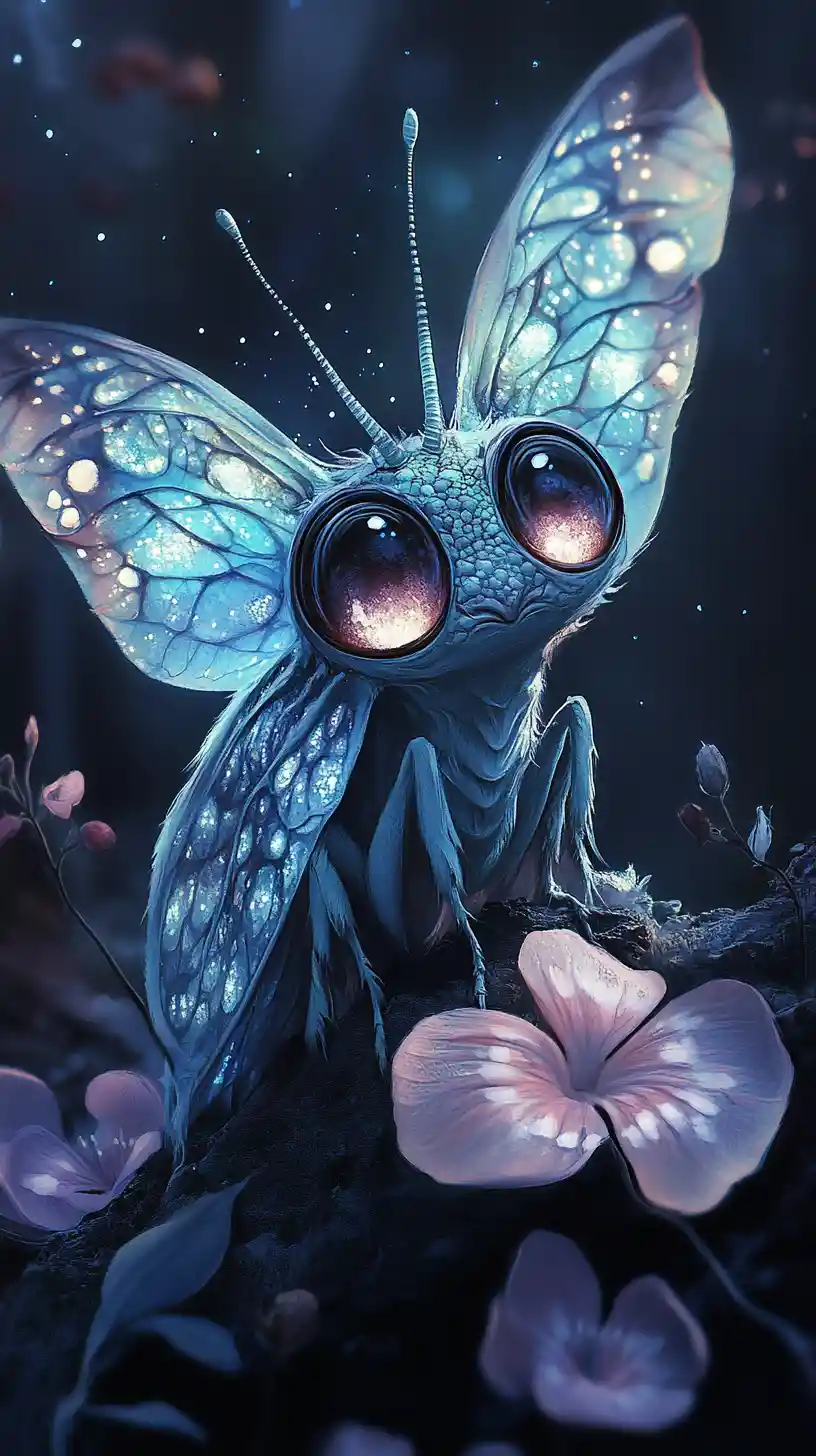 Small lunar dragon moth creature in glowing forest