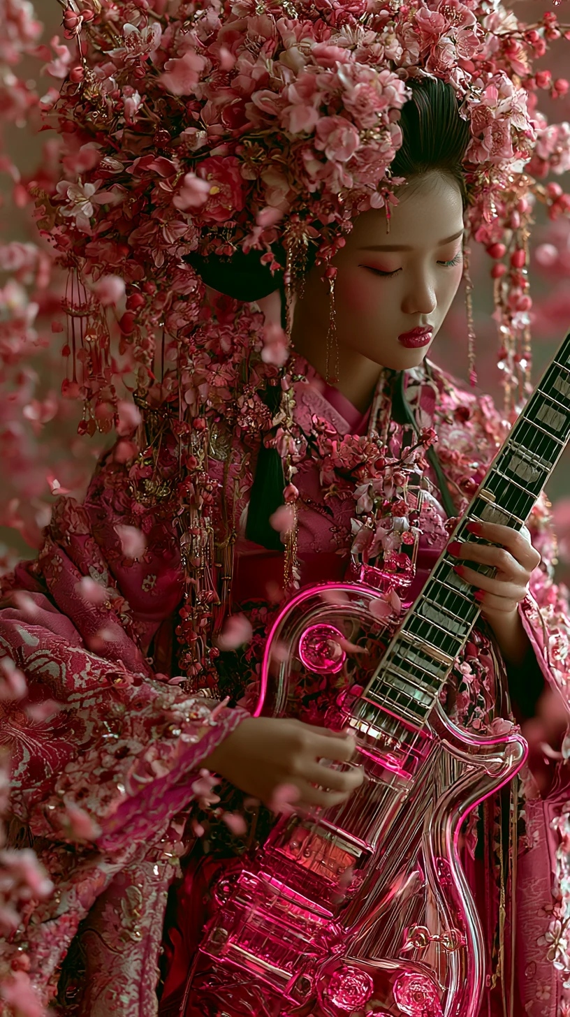 Geisha In Pink Kimono With Neon Glass Rock Guitar