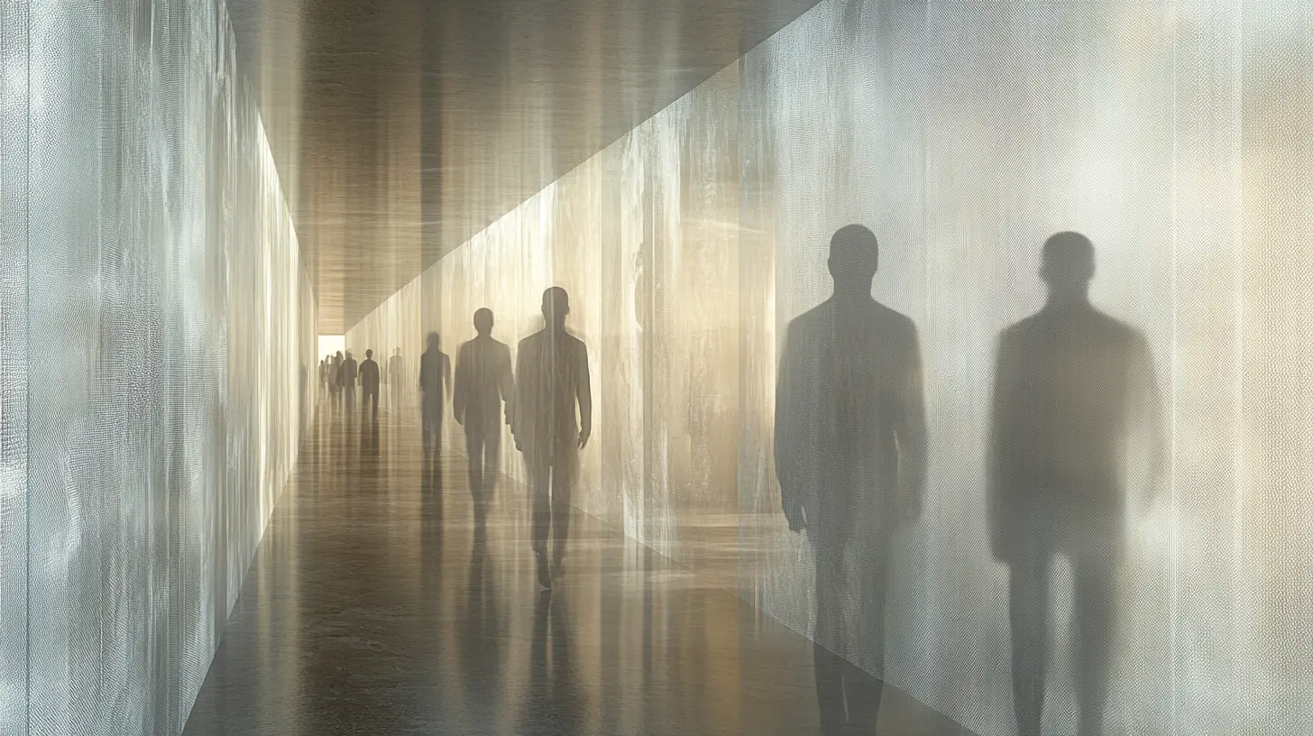 Layered corridor with ghosted human figures in motion