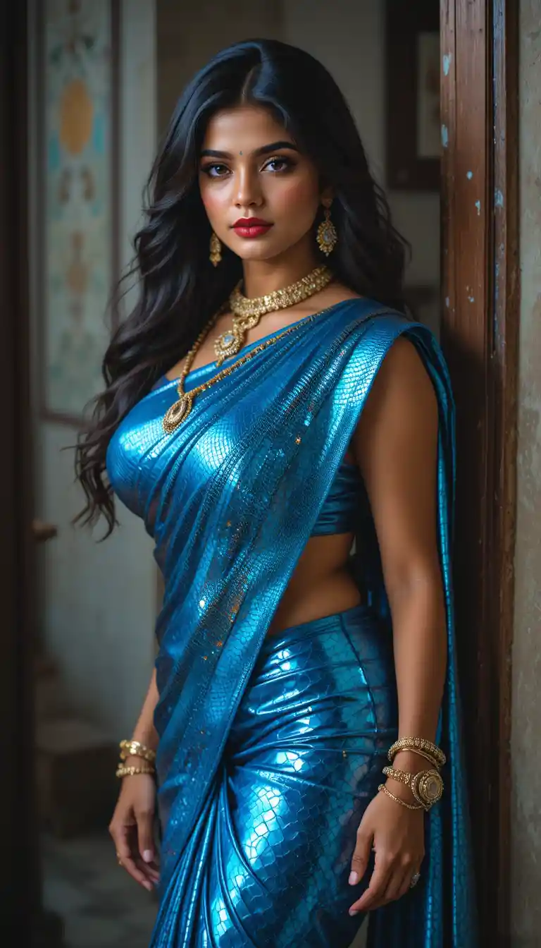 Indian woman in glossy saree bending in indoor room