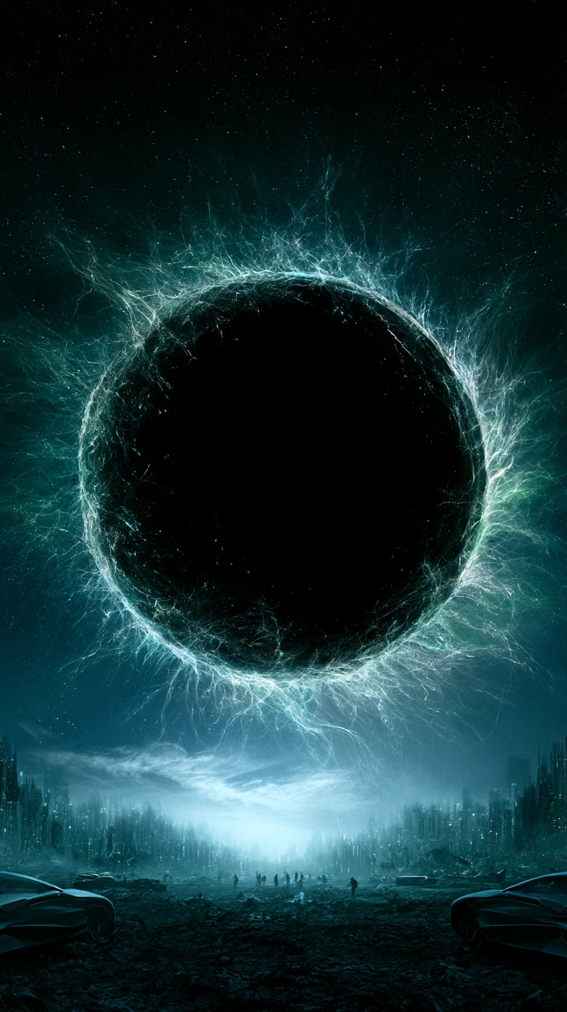 Cosmic black circle radiating eerie glowing filaments