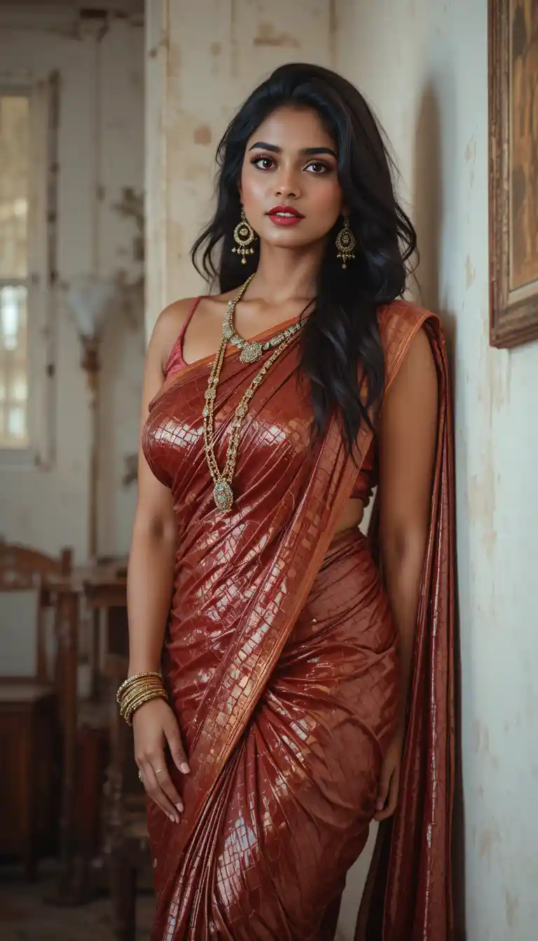Indian woman in glossy mirror saree bending at the waist