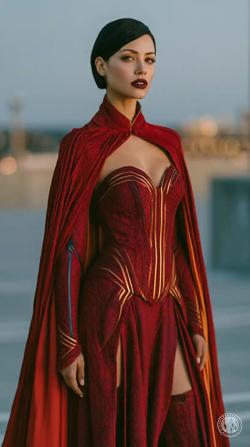 Athletic superheroine fashion figure in urban parking lot twilight