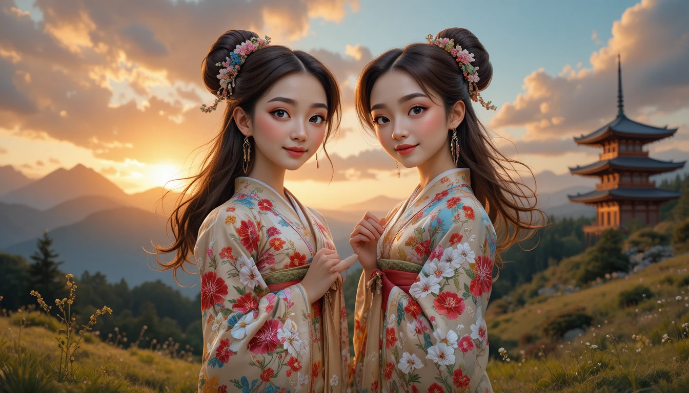 Two women in floral kimonos at sunset in nature
