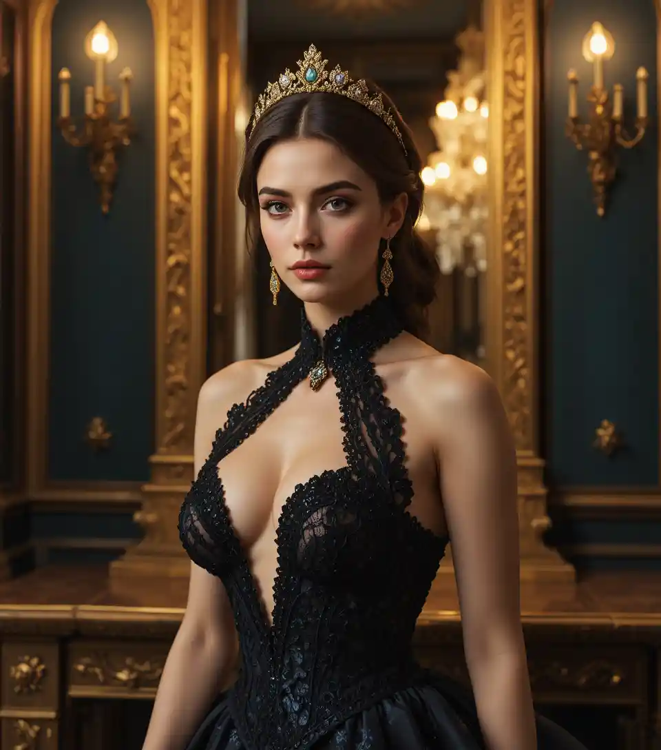 Elegant woman in gold and black gown before ornate mirror