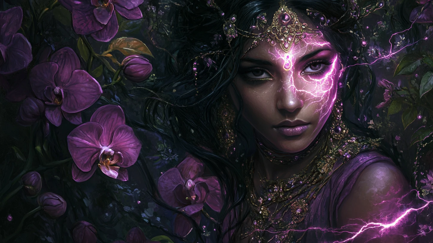Mystical fairy woman fused with a dark orchid garden