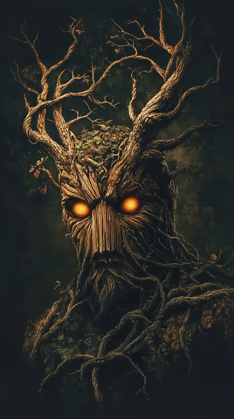 Ancient forest guardian with glowing amber eyes and antler crown