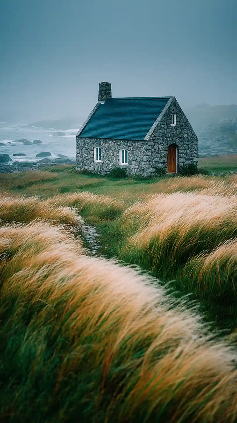 Foggy Scottish meadow with an abandoned stone countryside chapel