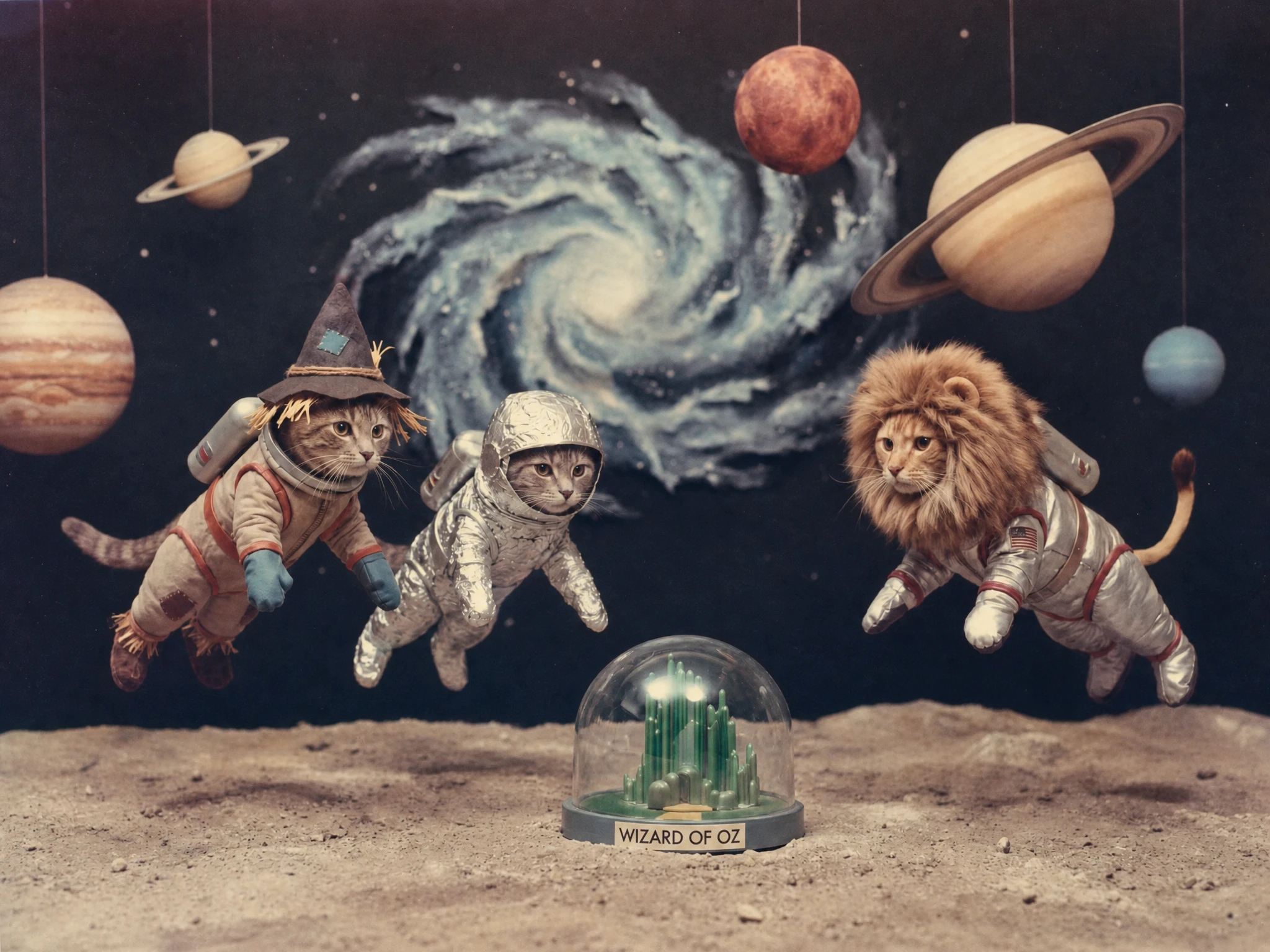 Fotografía de estilo vintage de gatos de fantasía flotando en el espacio
