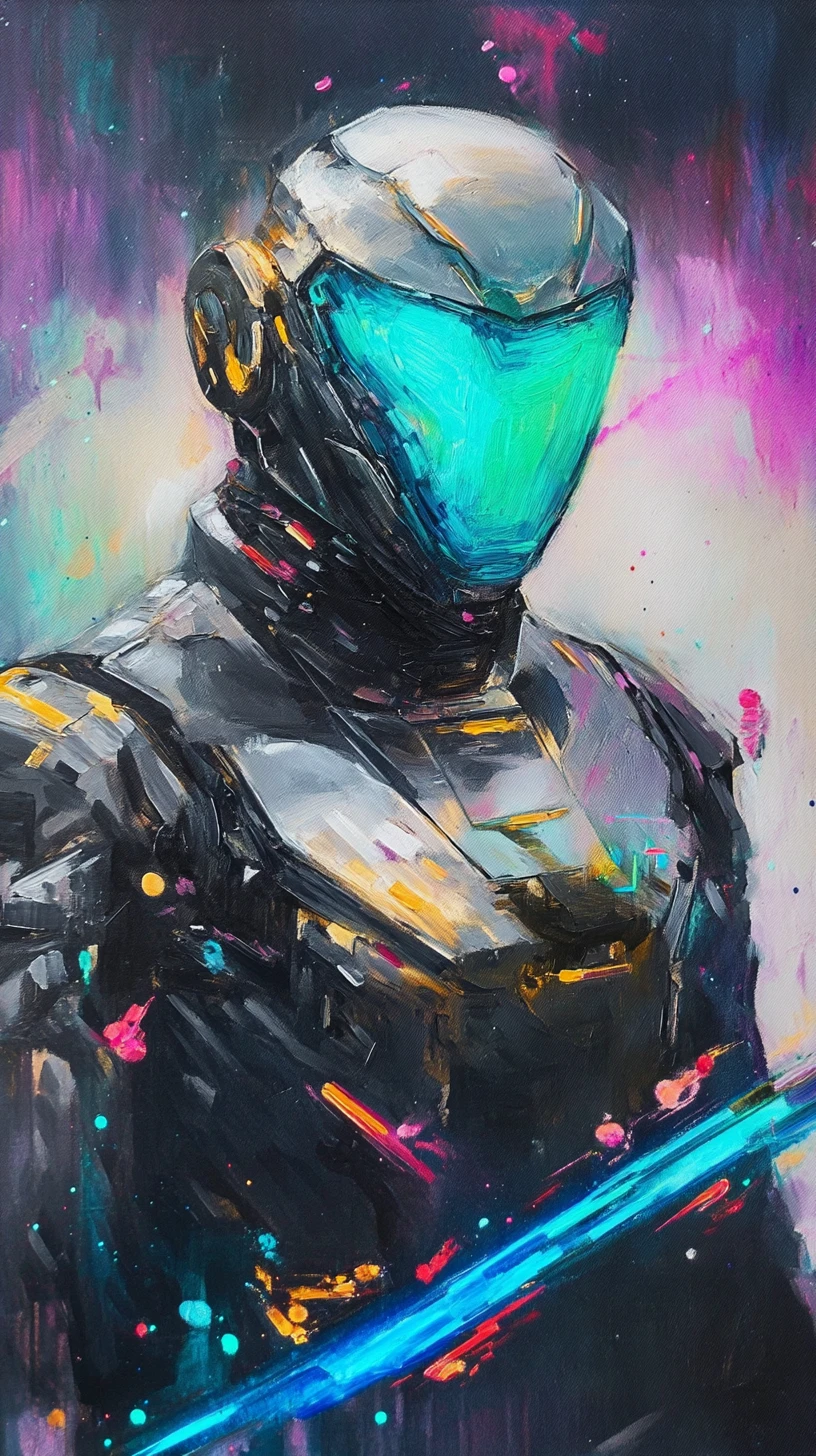 Abstract neon portrait of a futuristic cyber samurai warrior