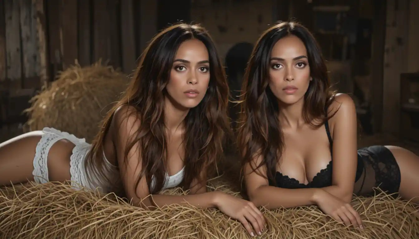Two young women resting together on straw in soft light