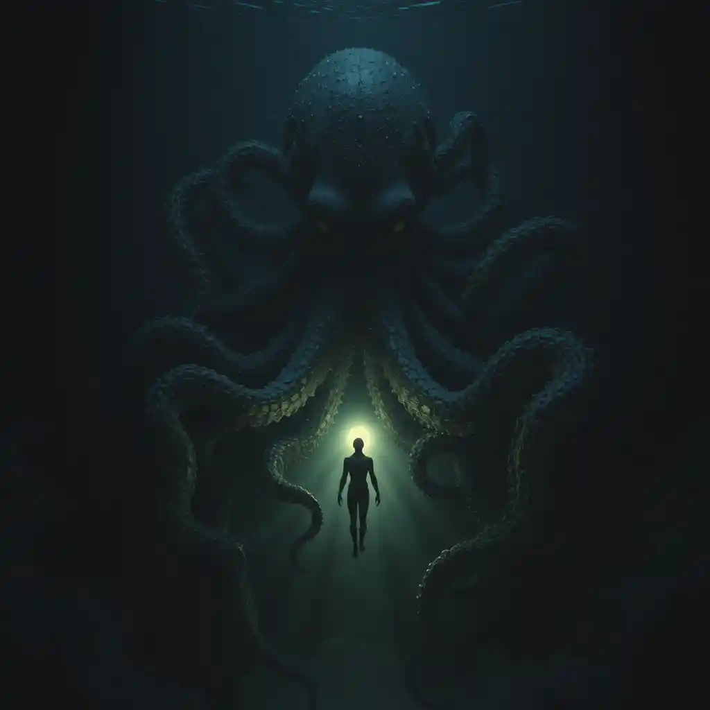Glowing human figure drifting before a colossal deep sea octopus