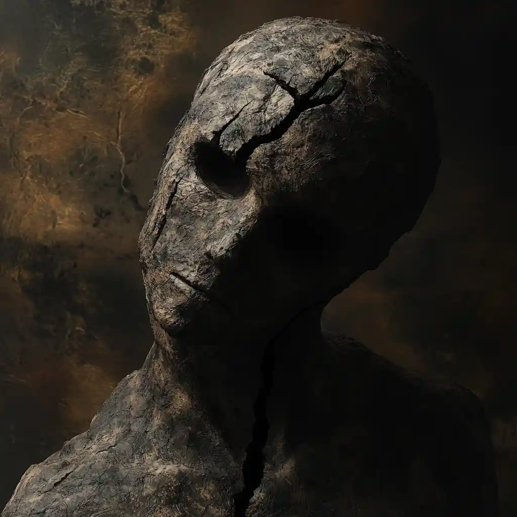 Dark expressionist golem with empty eyes and dull gaze