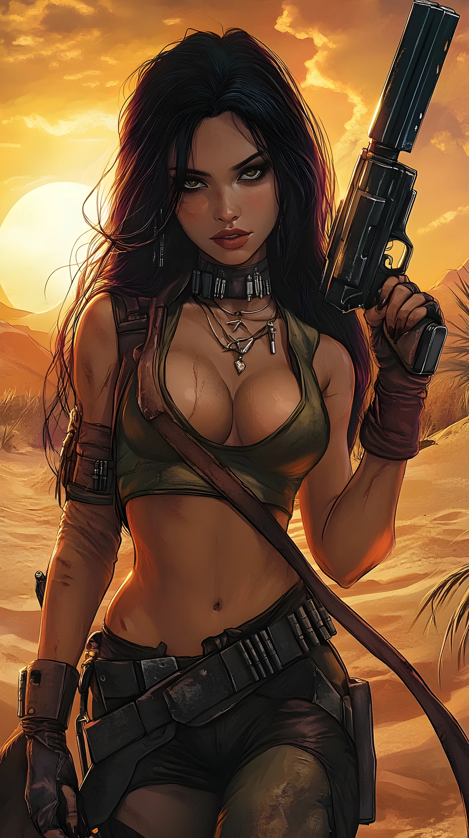 Sci fi warrior woman with rifle at desert oasis