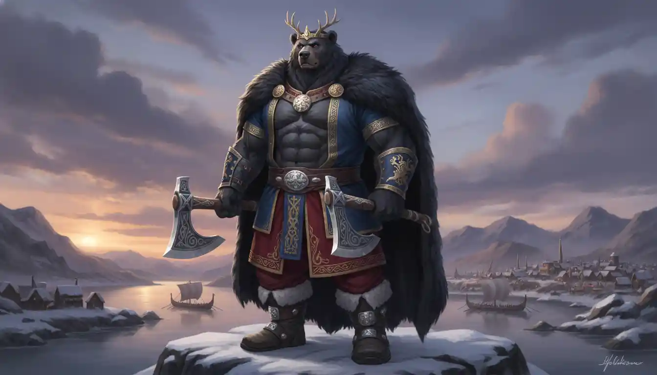 Anthro Norse Bear King Wielding Twin Viking Axes