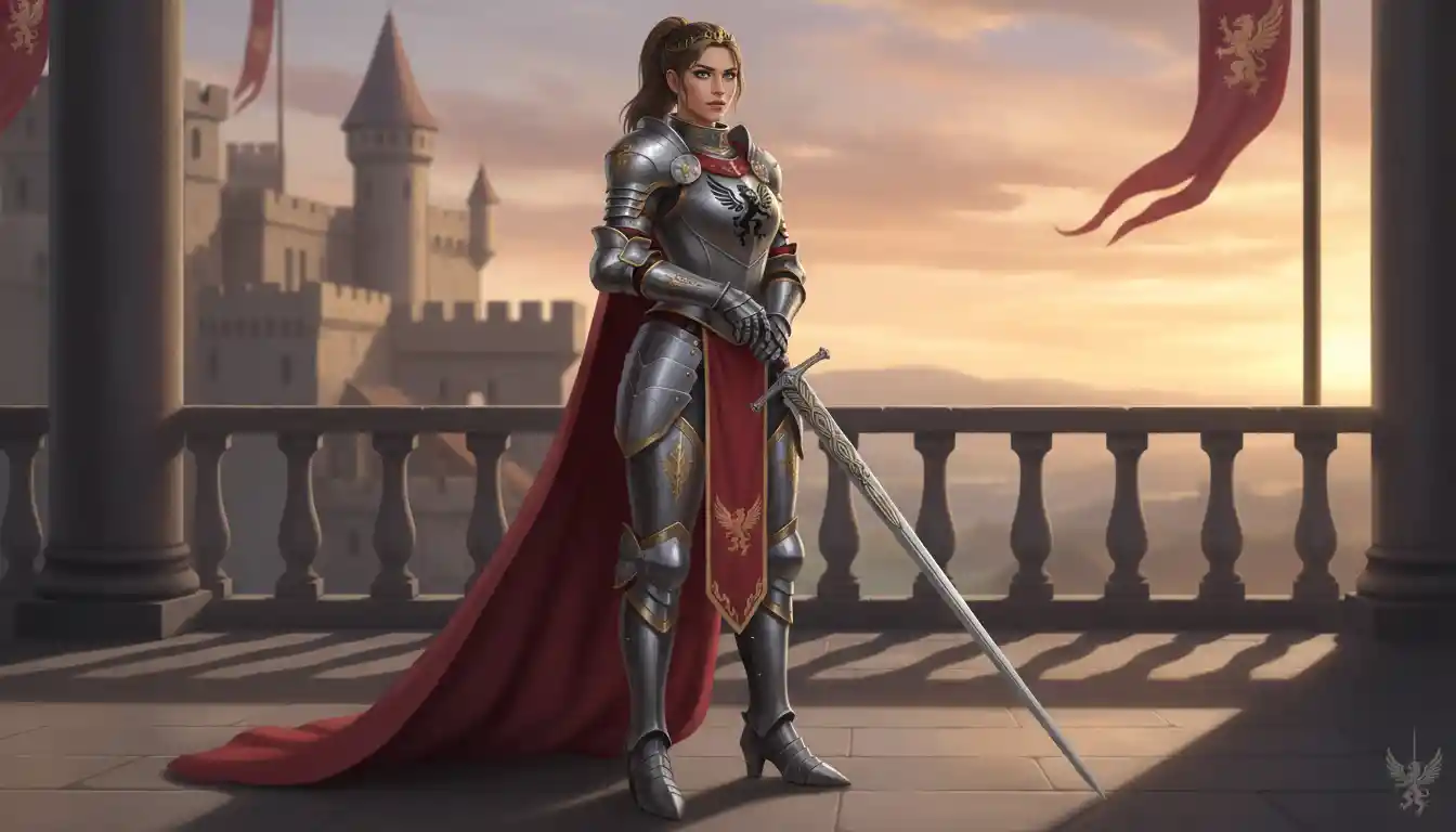 Noble warrior queen with sword in royal knight attire