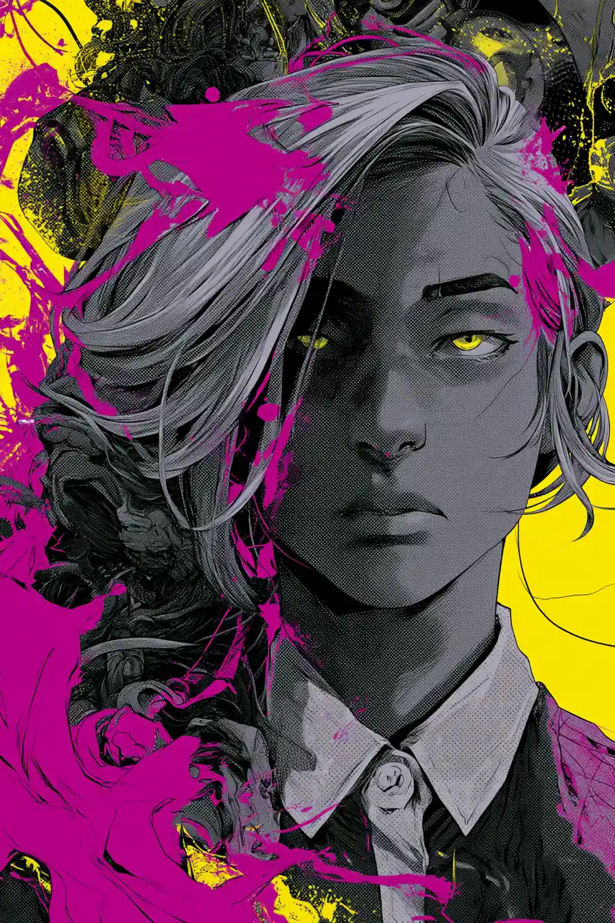 Chaotic neon noir abstract mind in limited dithered palette