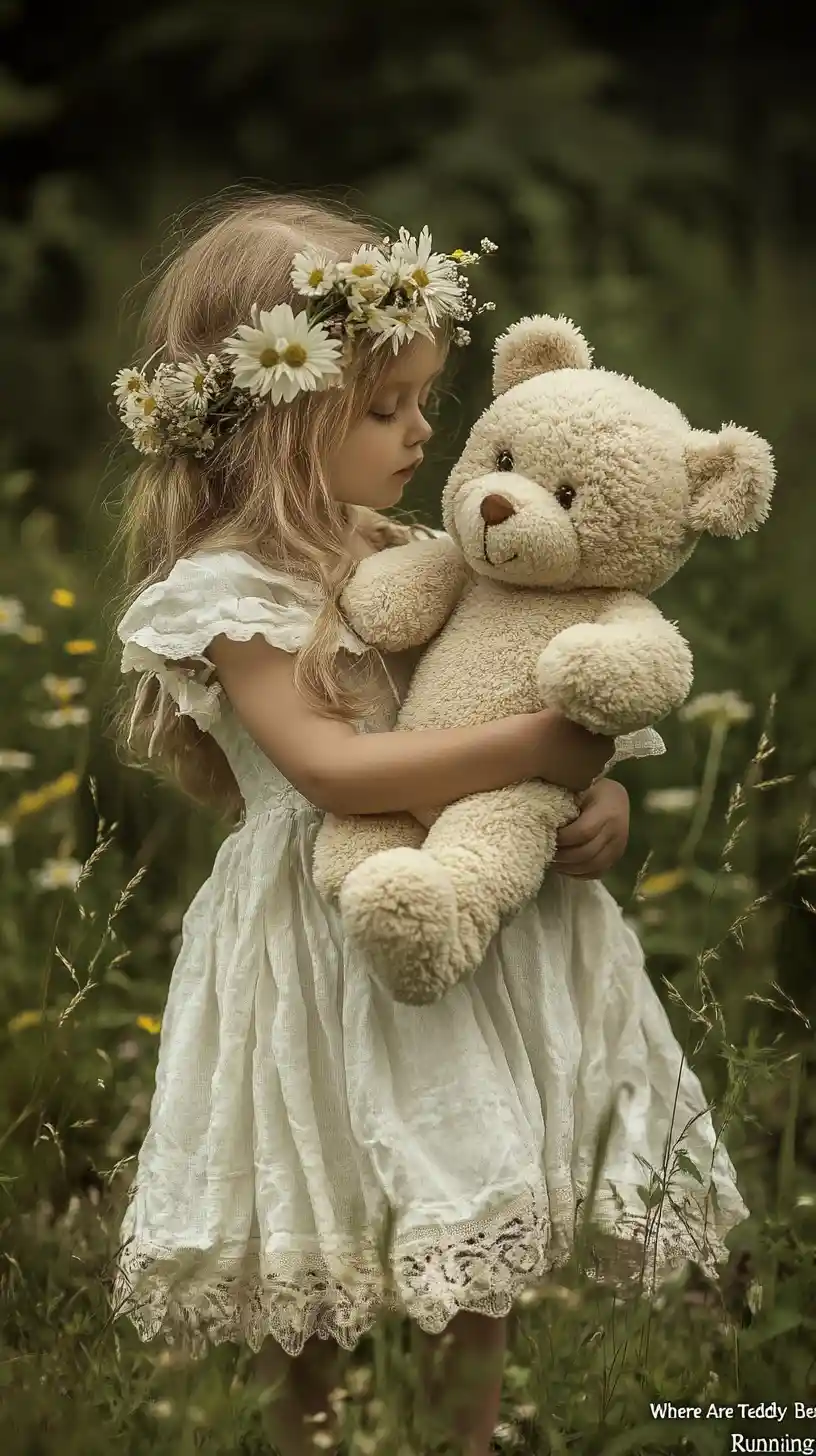 Teddy bears running through sunny fields and forests