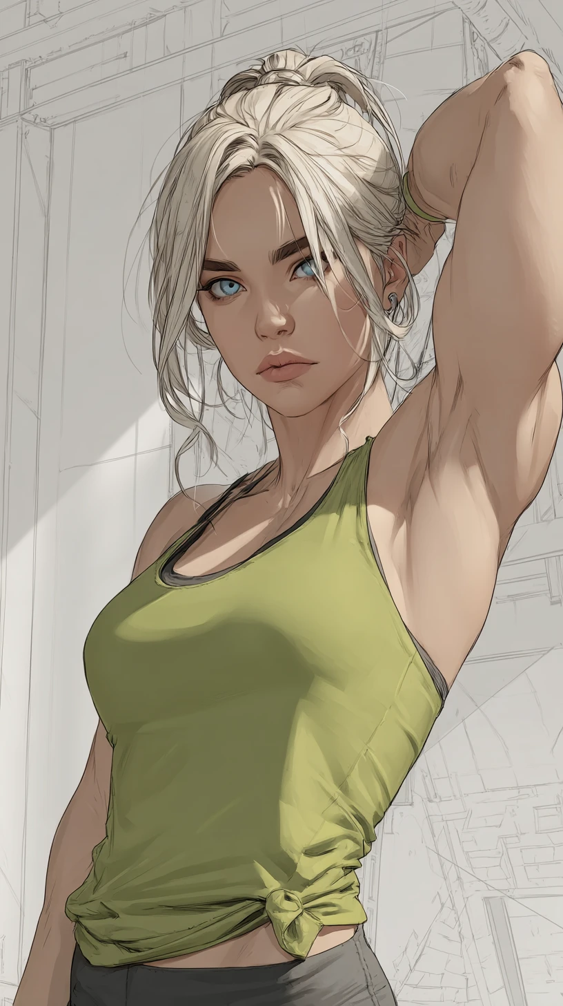 Hypermuscular woman posing in futuristic armor by a pool
