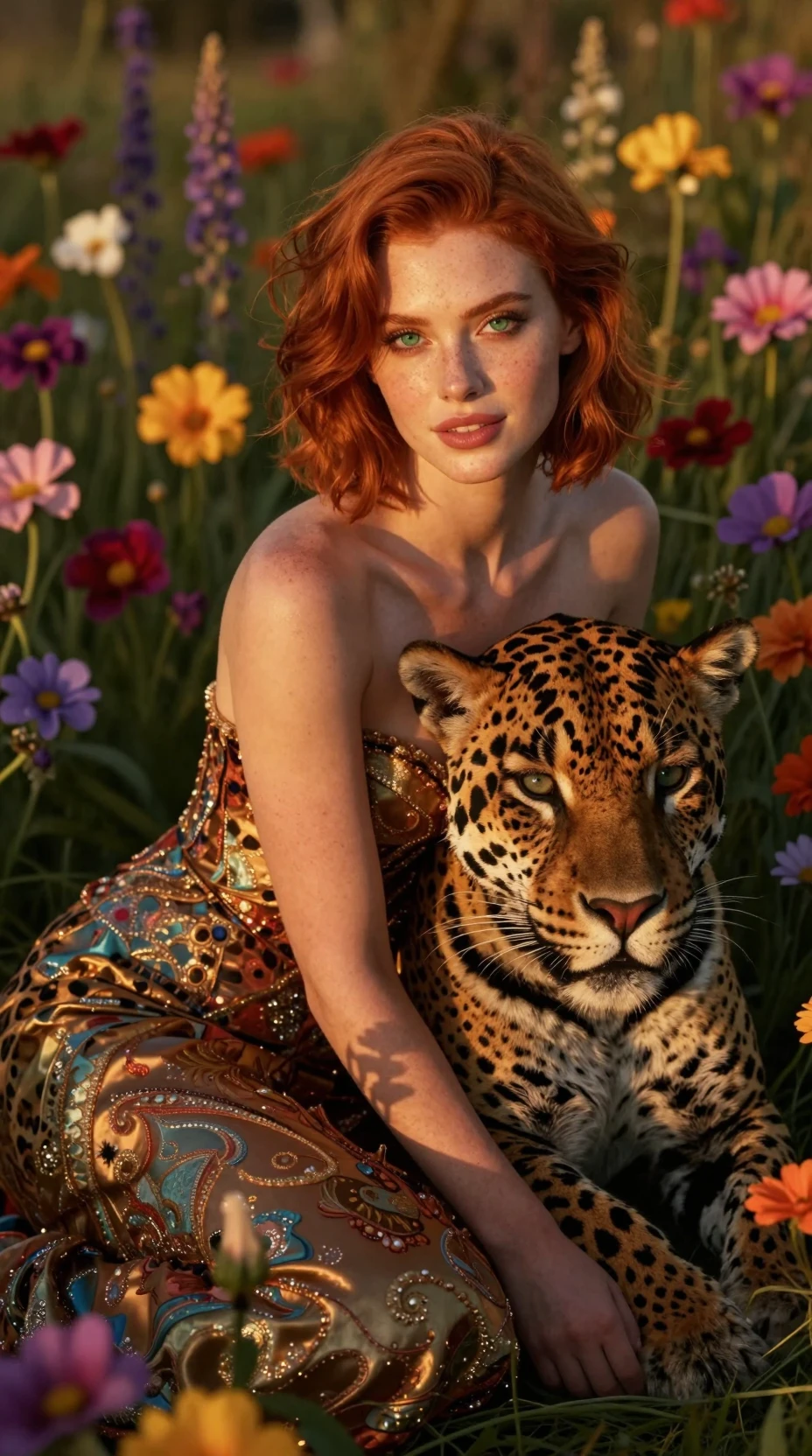 Red haired woman with jaguar in a glowing flower field