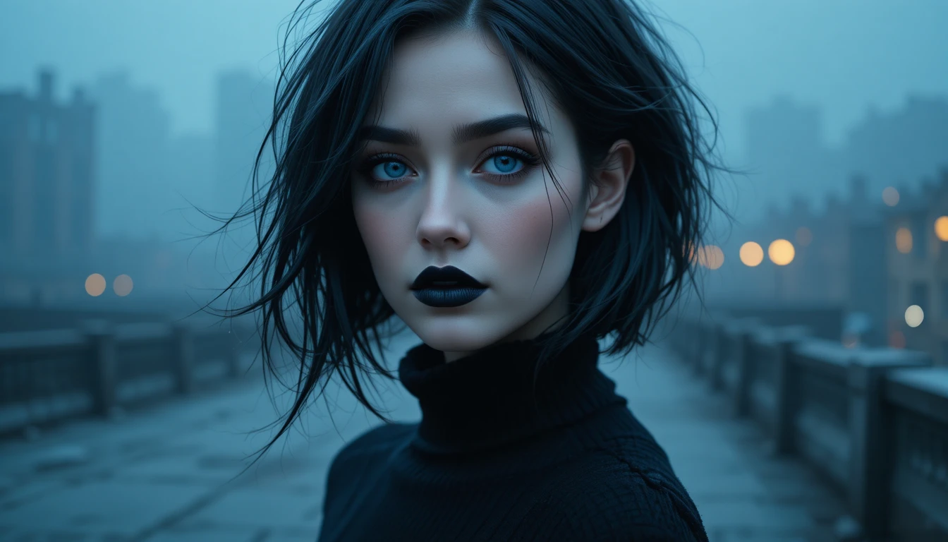 Gothic woman with blue eyes in a foggy city night