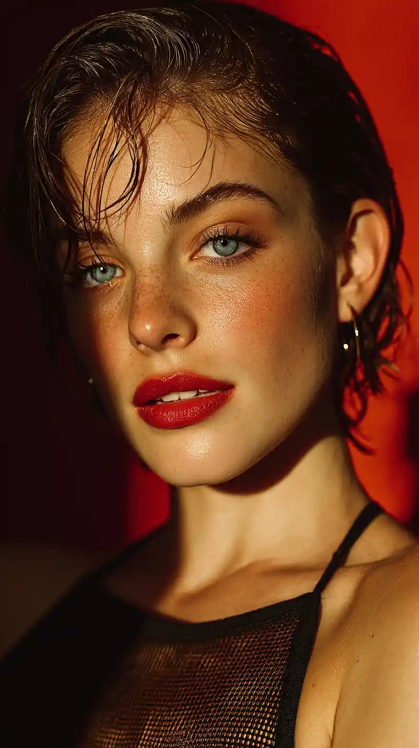 Confident beauty portrait with wet slicked hair and bold lip