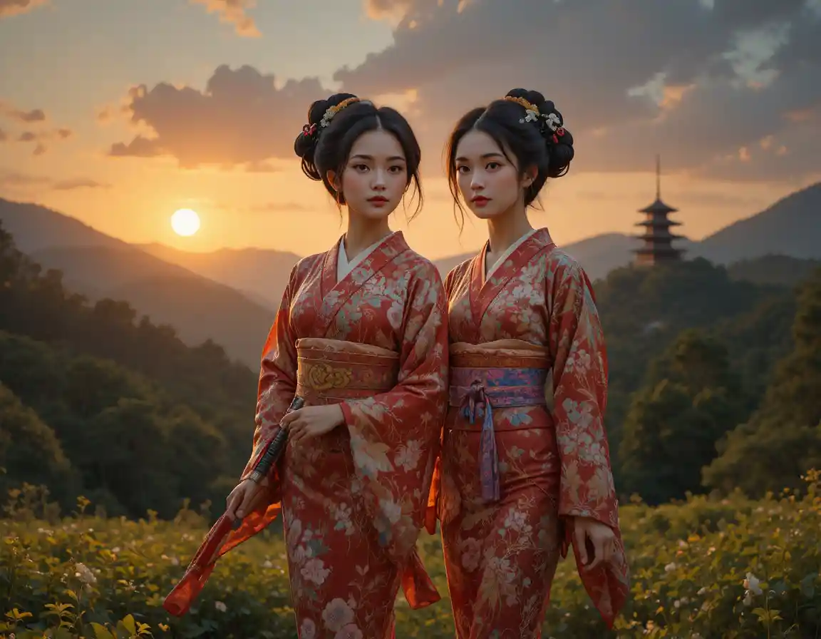 Two kimono clad japanese warriors in serene forest mountains