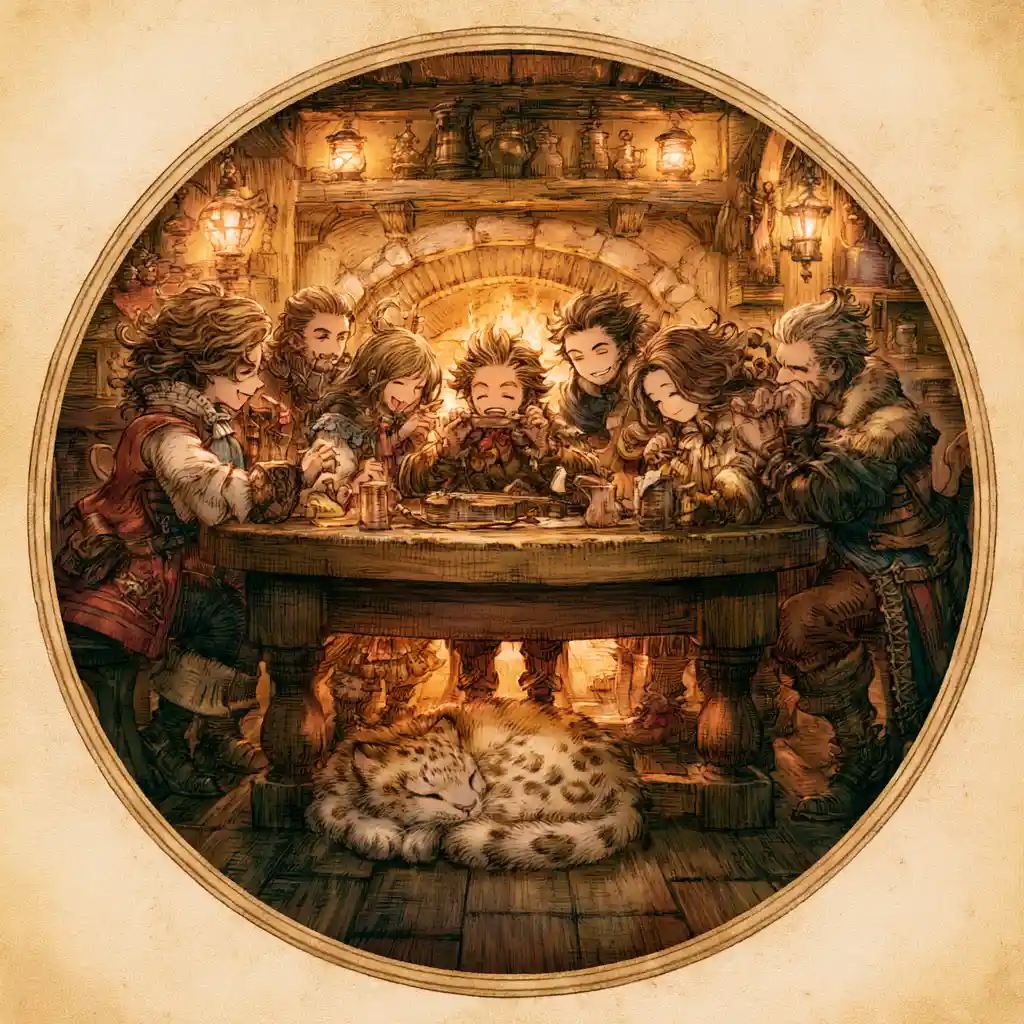 Adventurers Relaxing With Snow Leopard In Cozy Tavern