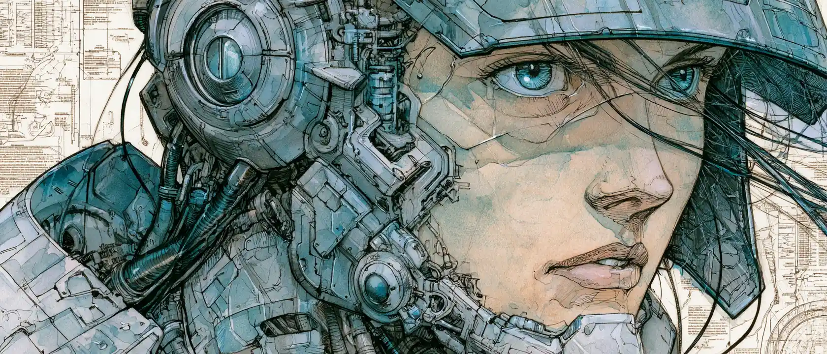 Cyberpunk manga schematics with intricate mechanical linework