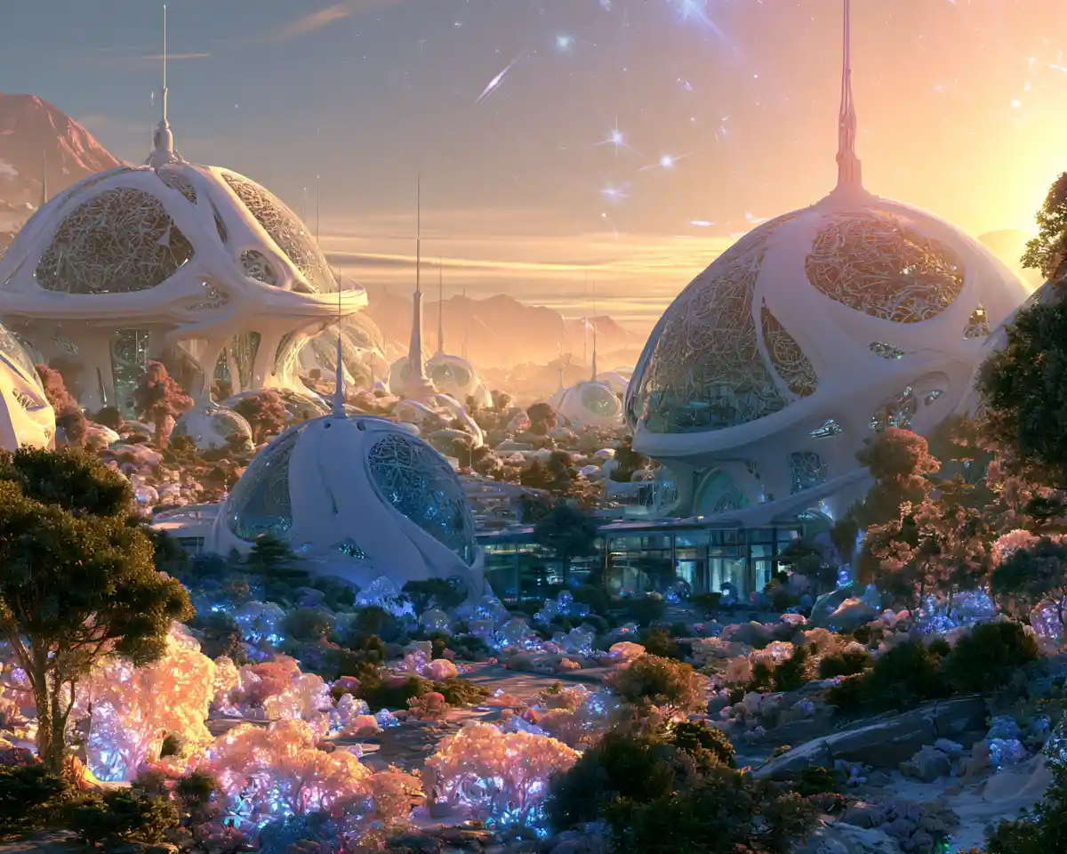 Futuristic human colony rising above an alien world