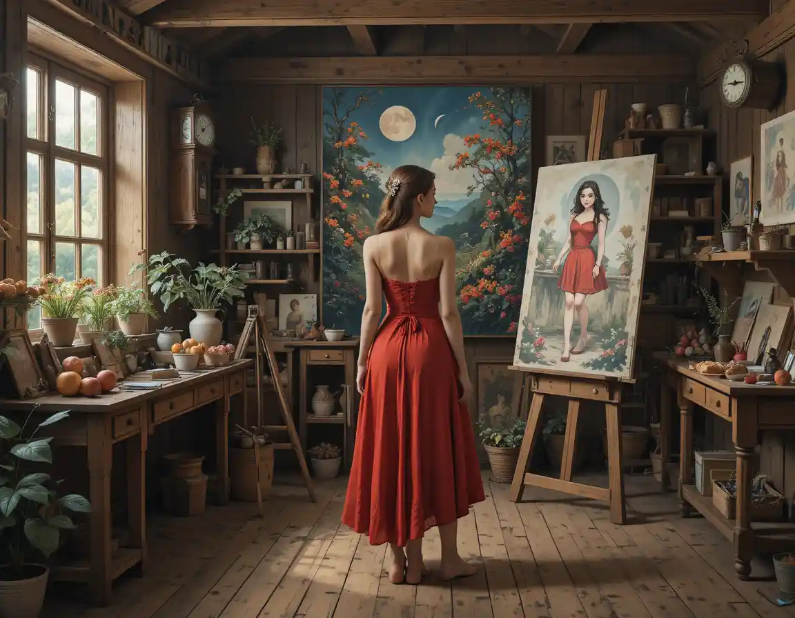 Barefoot woman in red dress painting in rustic studio