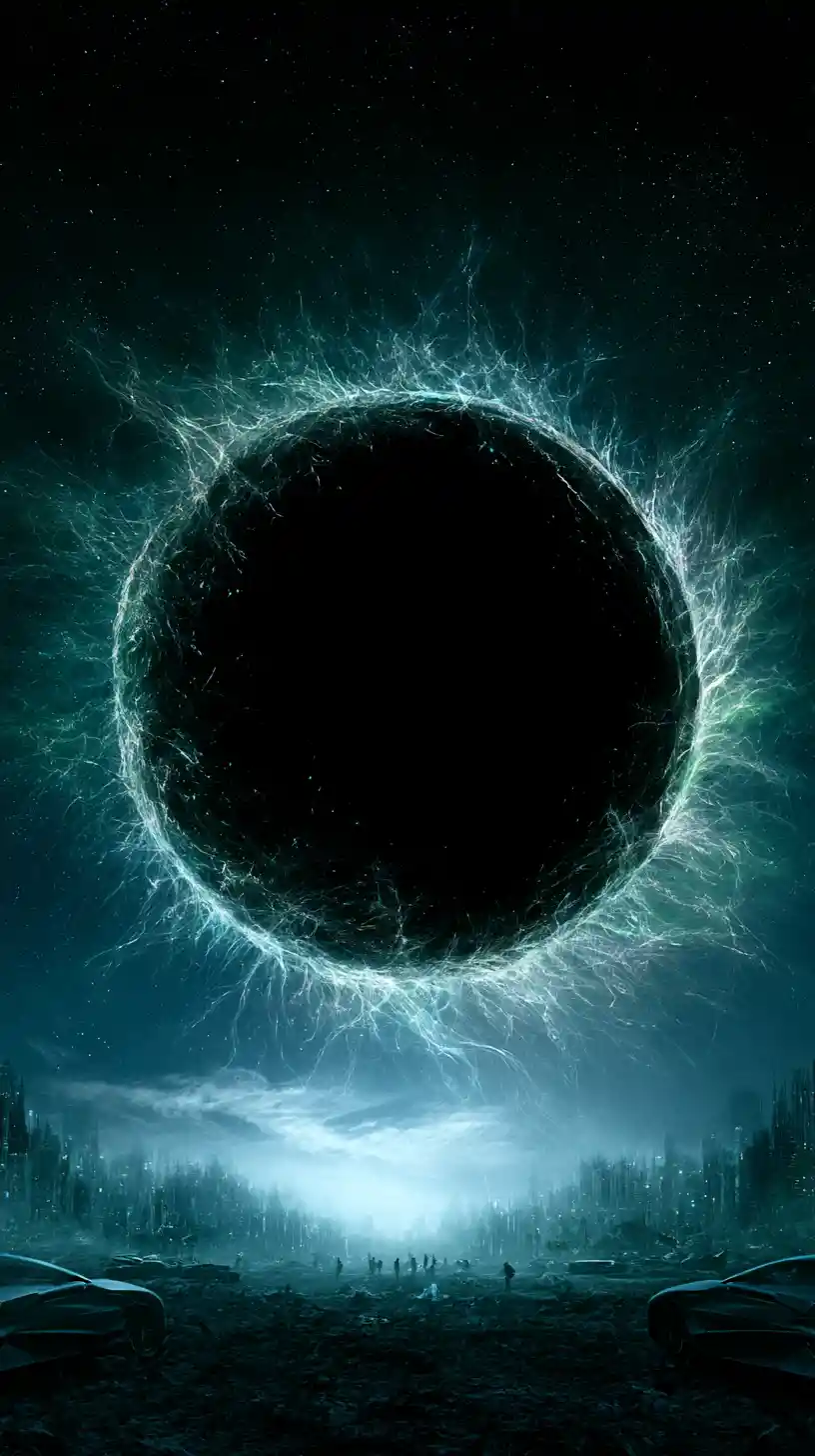 Cosmic black circle radiating eerie glowing filaments