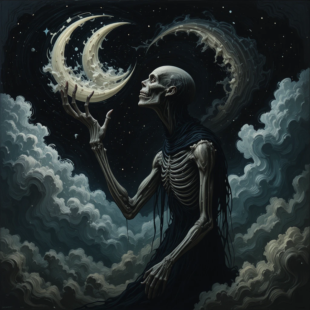 Gaunt surreal figure reaching for a distorted crescent moon