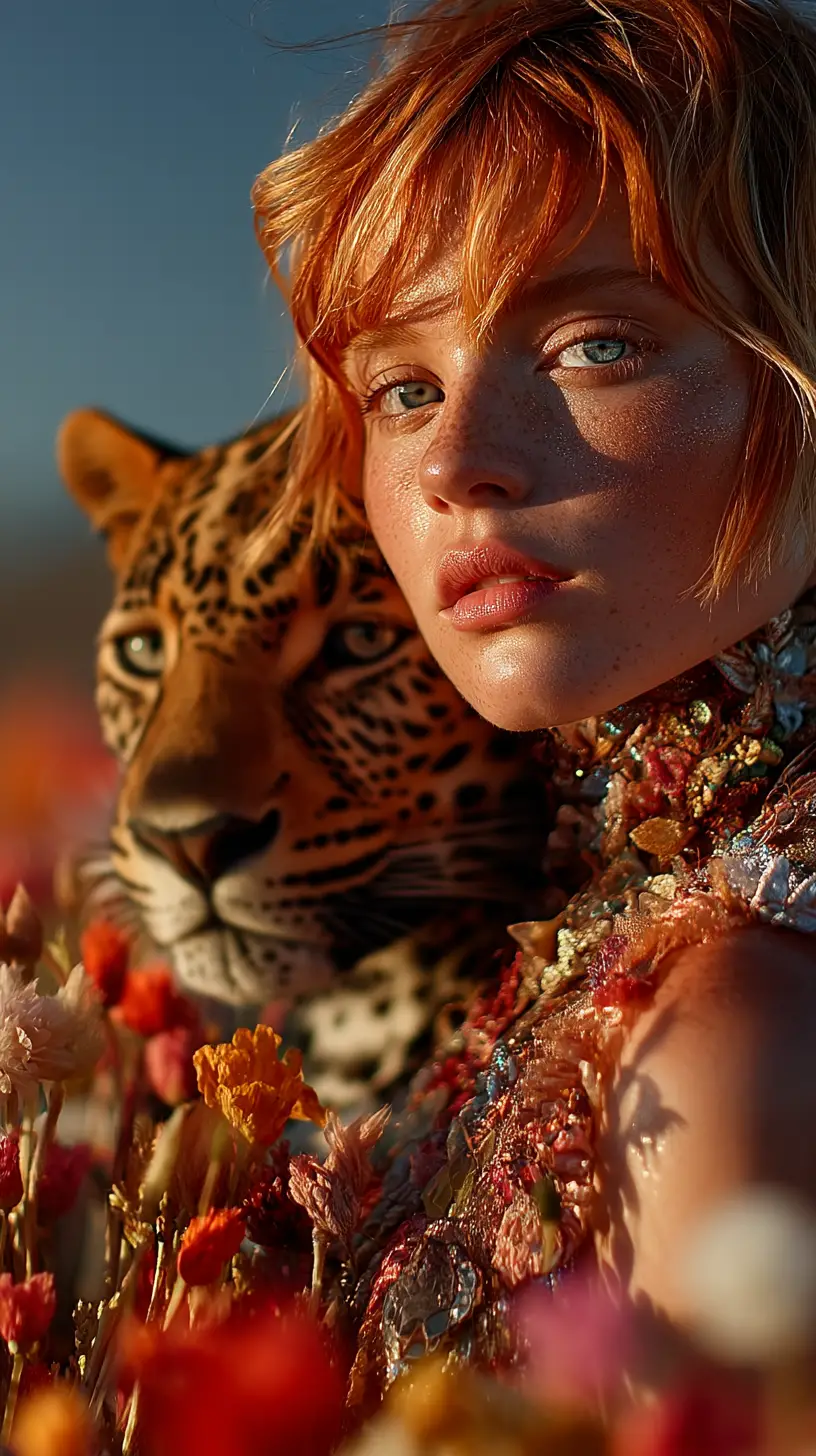 Mulher com jaguar em campo de flores ao pôr do sol em close-up