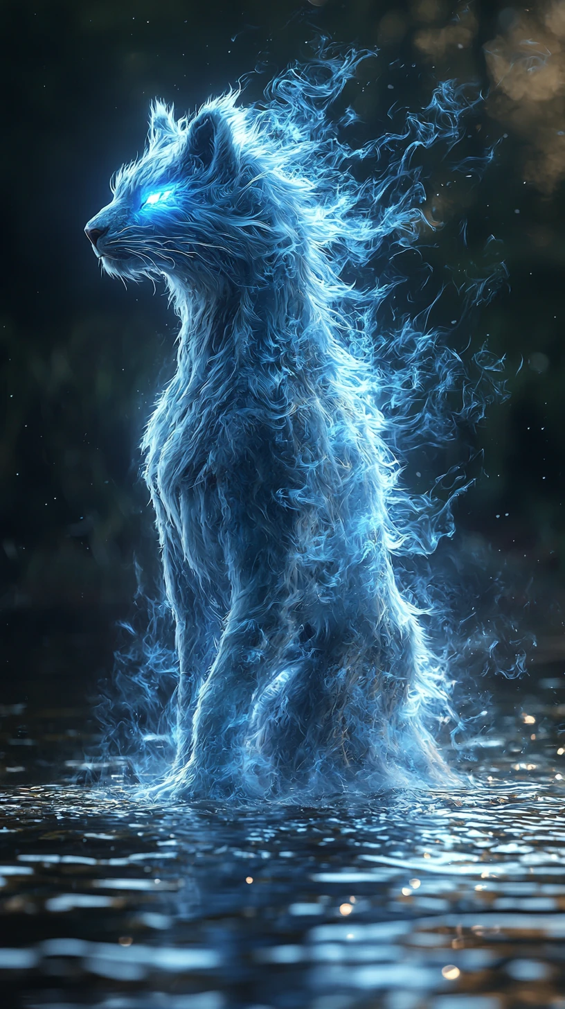 Blue energy elemental emerging from dark swamp water