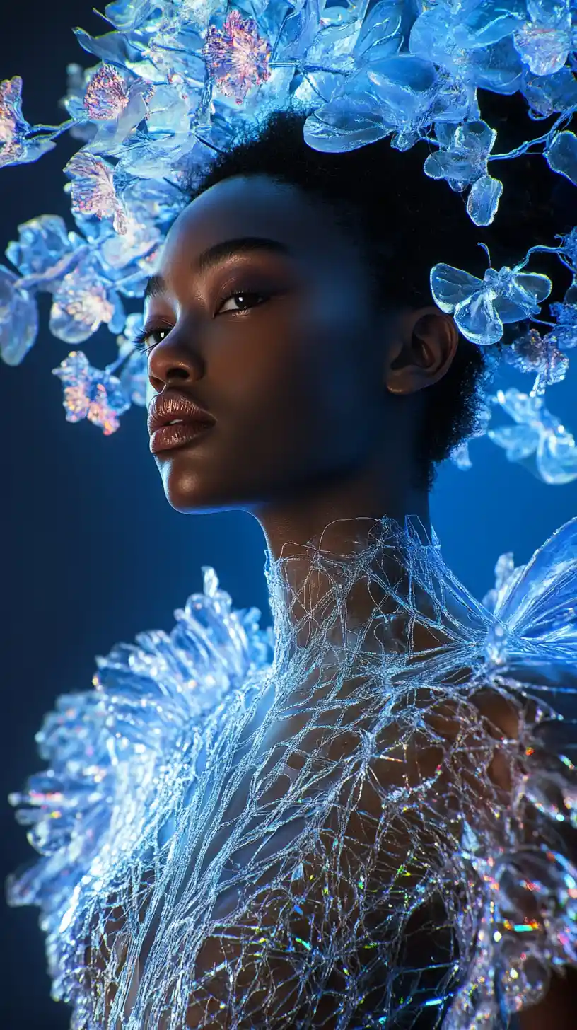Confident ebony fashion model in futuristic crystalline couture