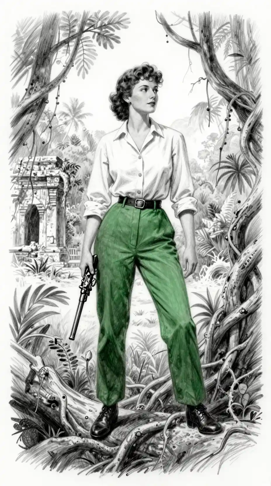 Heroic Englishwoman Adventurer Standing Above a Jungle Ruin